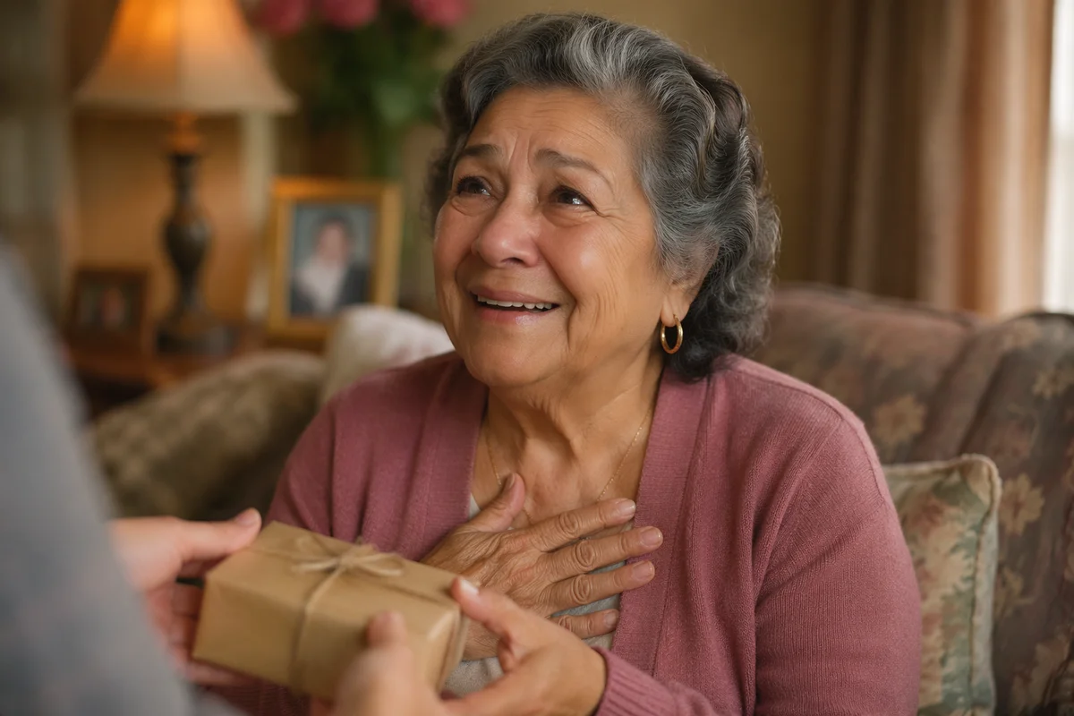 Grateful Grandmother Receiving a Wrapped Gift