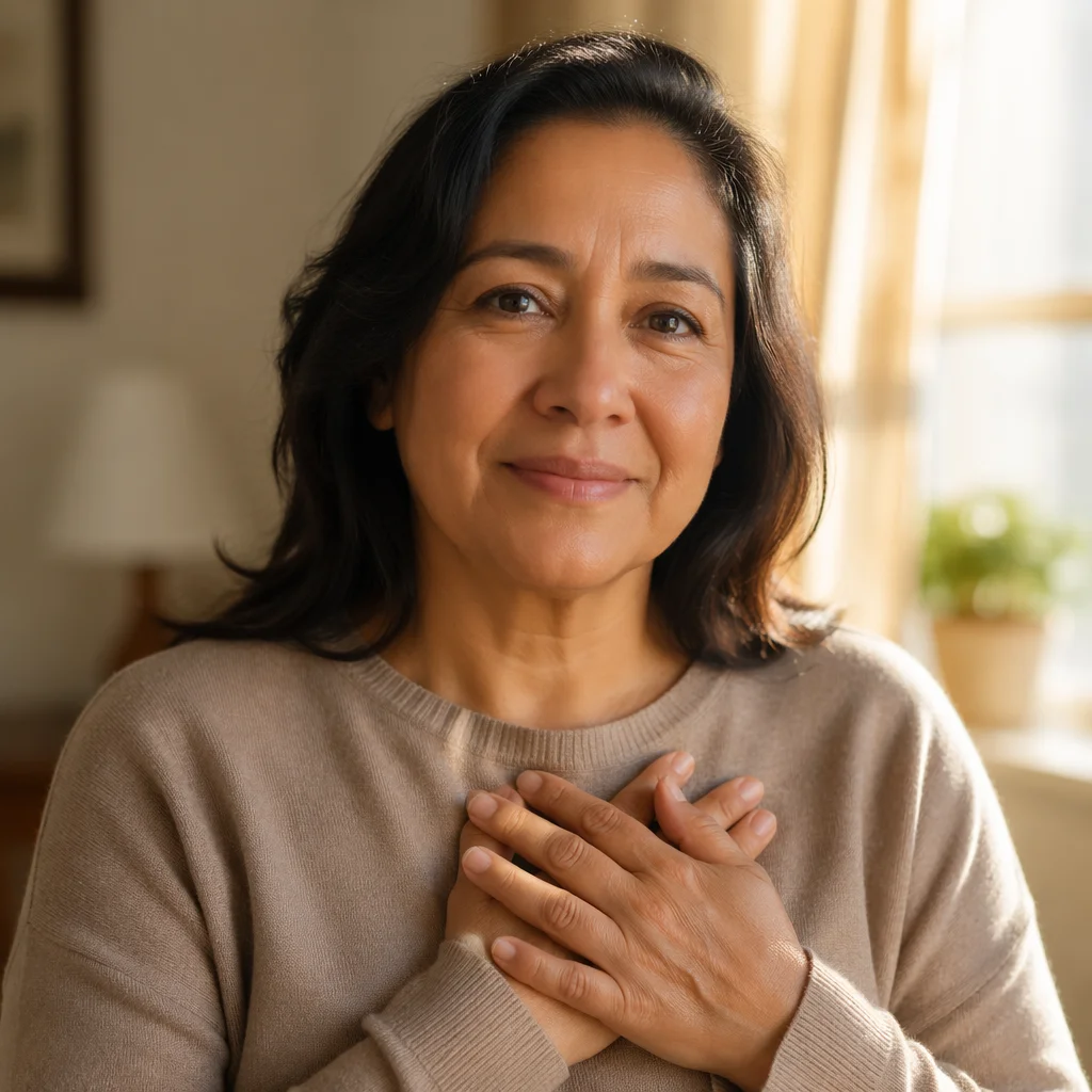Grateful Woman with Hands Over Heart