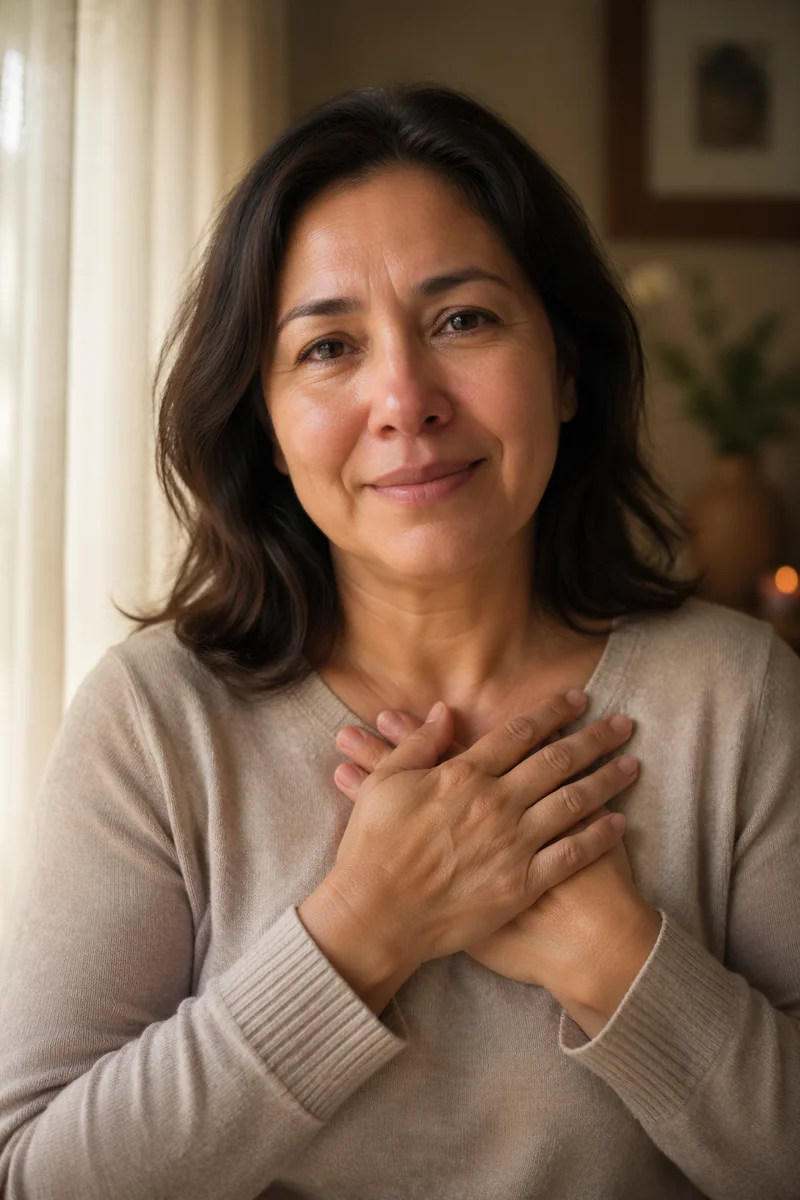 Grateful Woman with Hands Over Heart