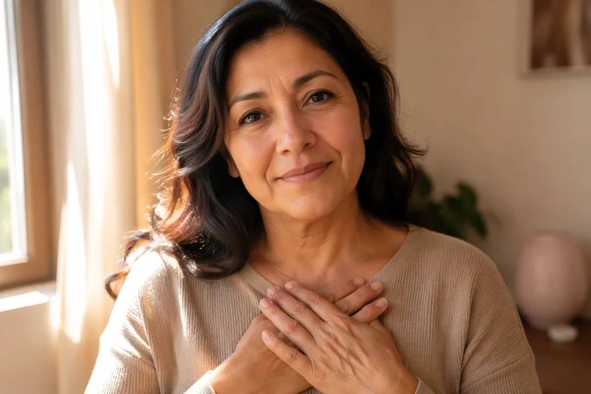 Grateful Woman with Hands Over Heart