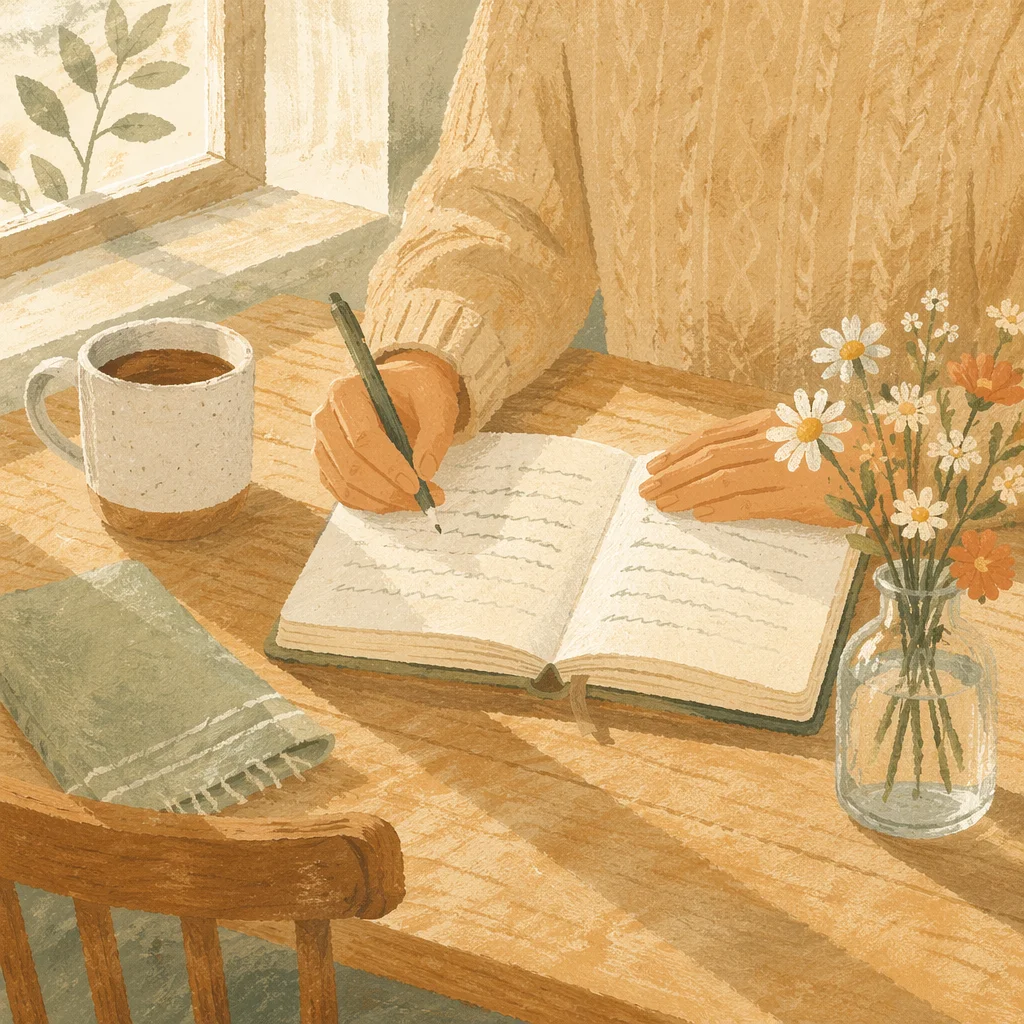 Morning Gratitude Journal Writing at Breakfast Table