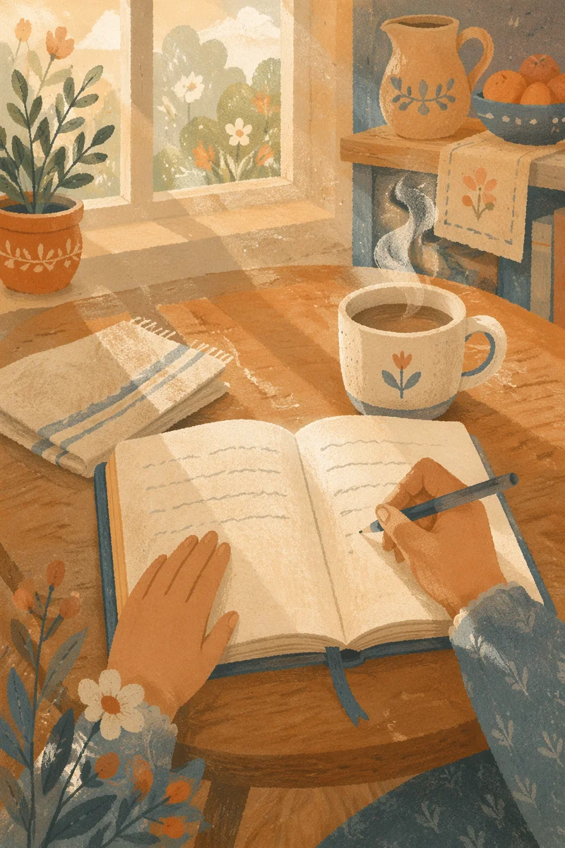 Thankful Morning Journal Writing at Kitchen Table