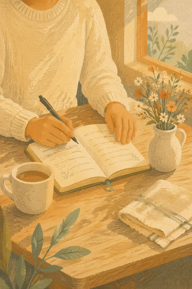 Morning Gratitude Journal Writing at Breakfast Table