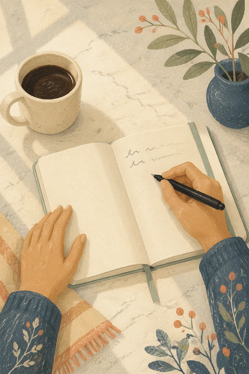 Morning Gratitude Journal with Coffee and Hands
