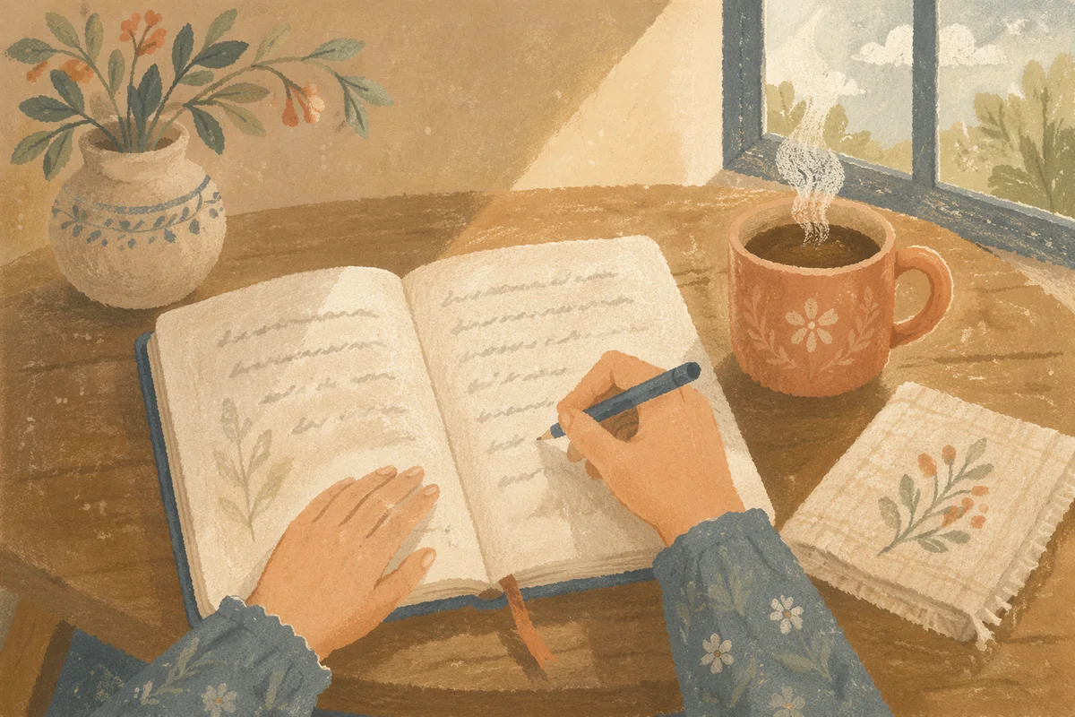 Morning Gratitude Journal Writing at Kitchen Table