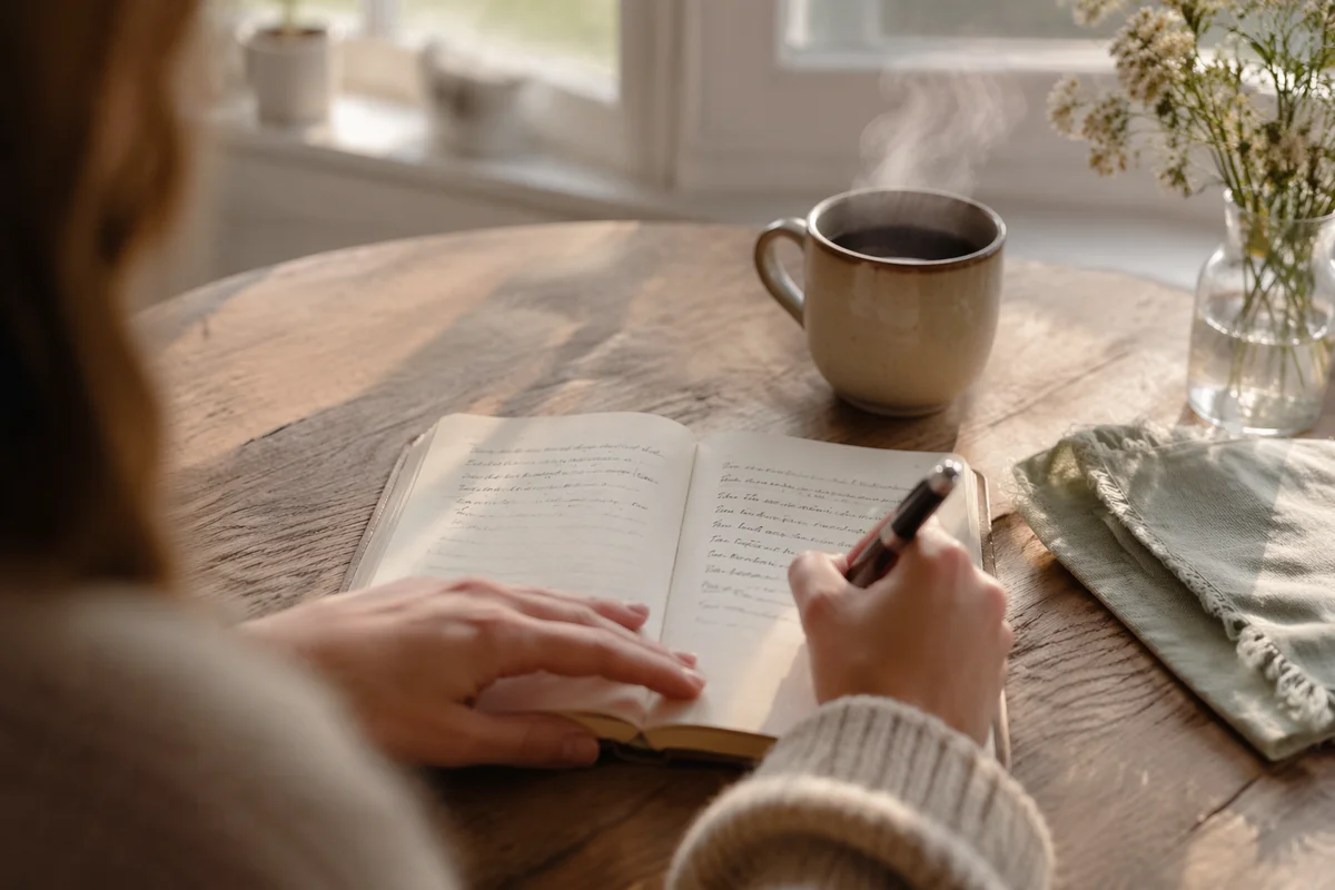 Morning Gratitude Journal Writing at Kitchen Table