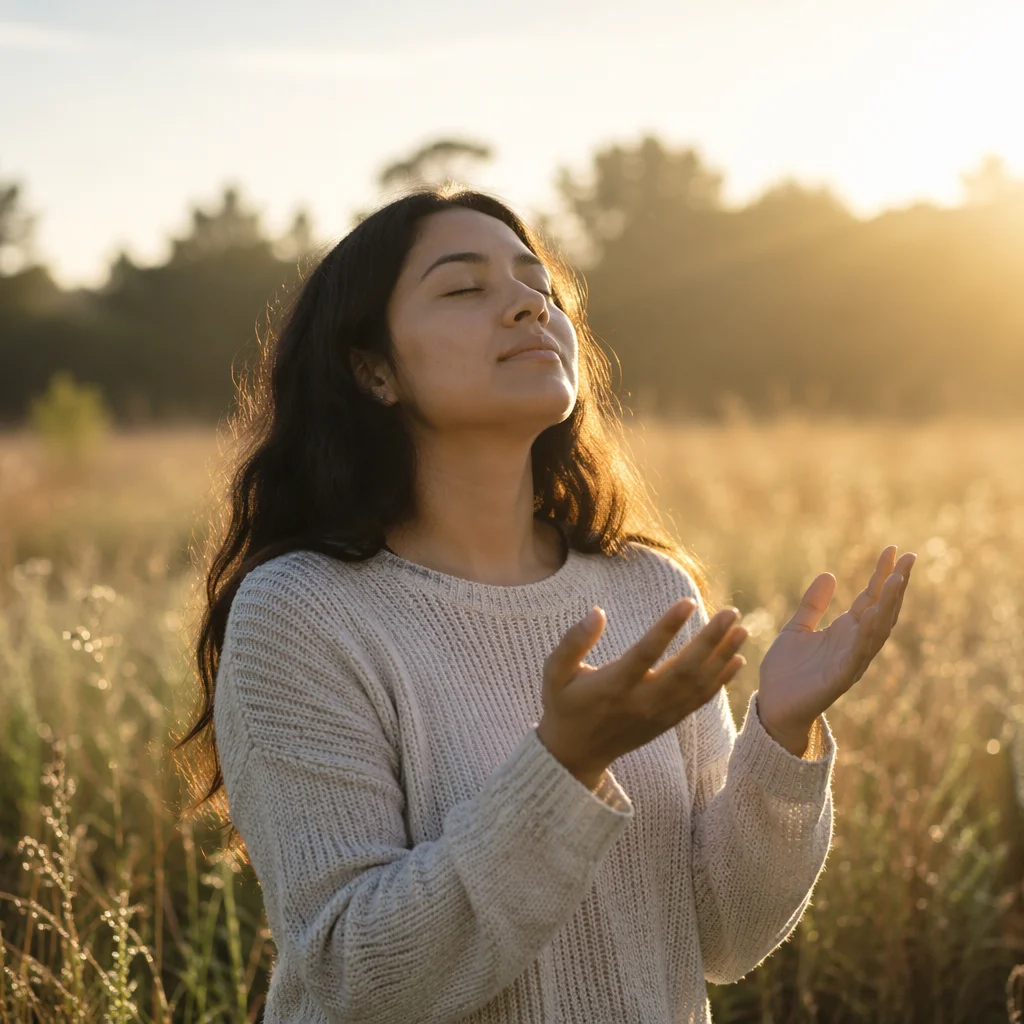 Woman Holding Open Hands in Sunrise
