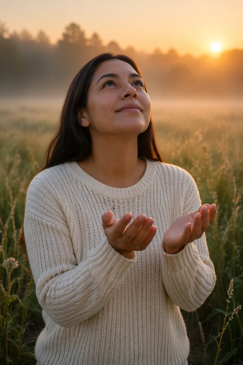 Young Woman in Meadow at Sunrise