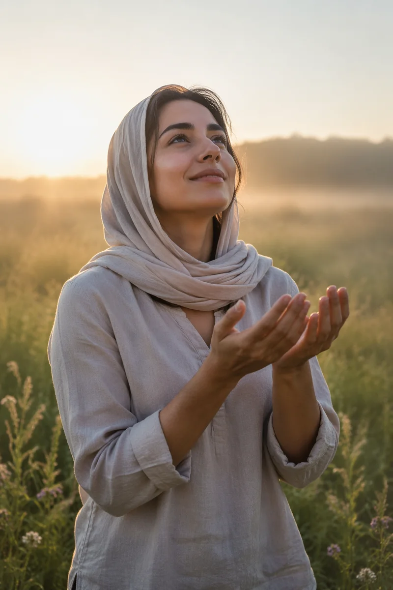 Young Woman with Open Hands at Sunrise