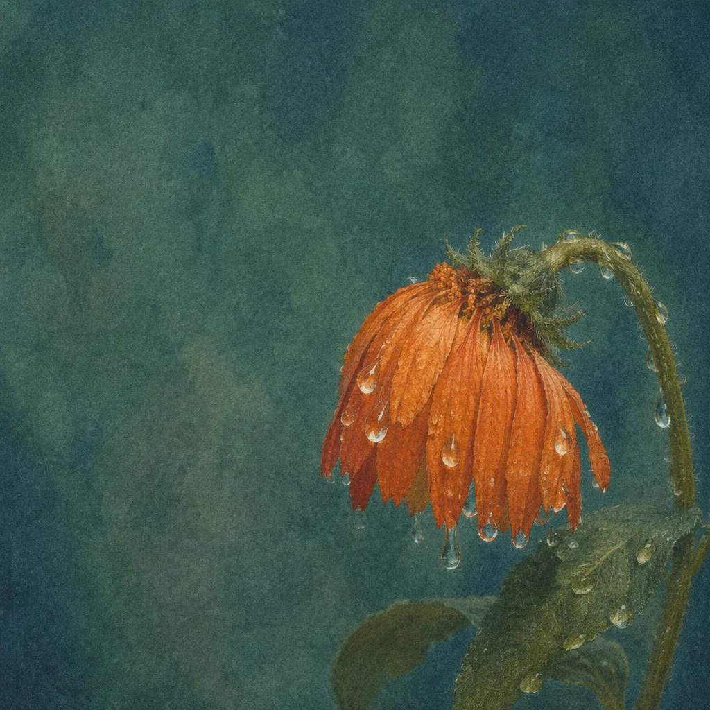 Wilting Orange Flower in Gentle Rain