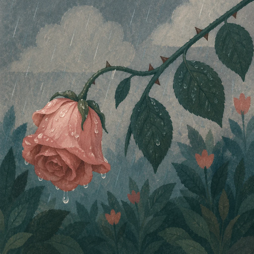Wilting Pink Rose in Rainy Garden