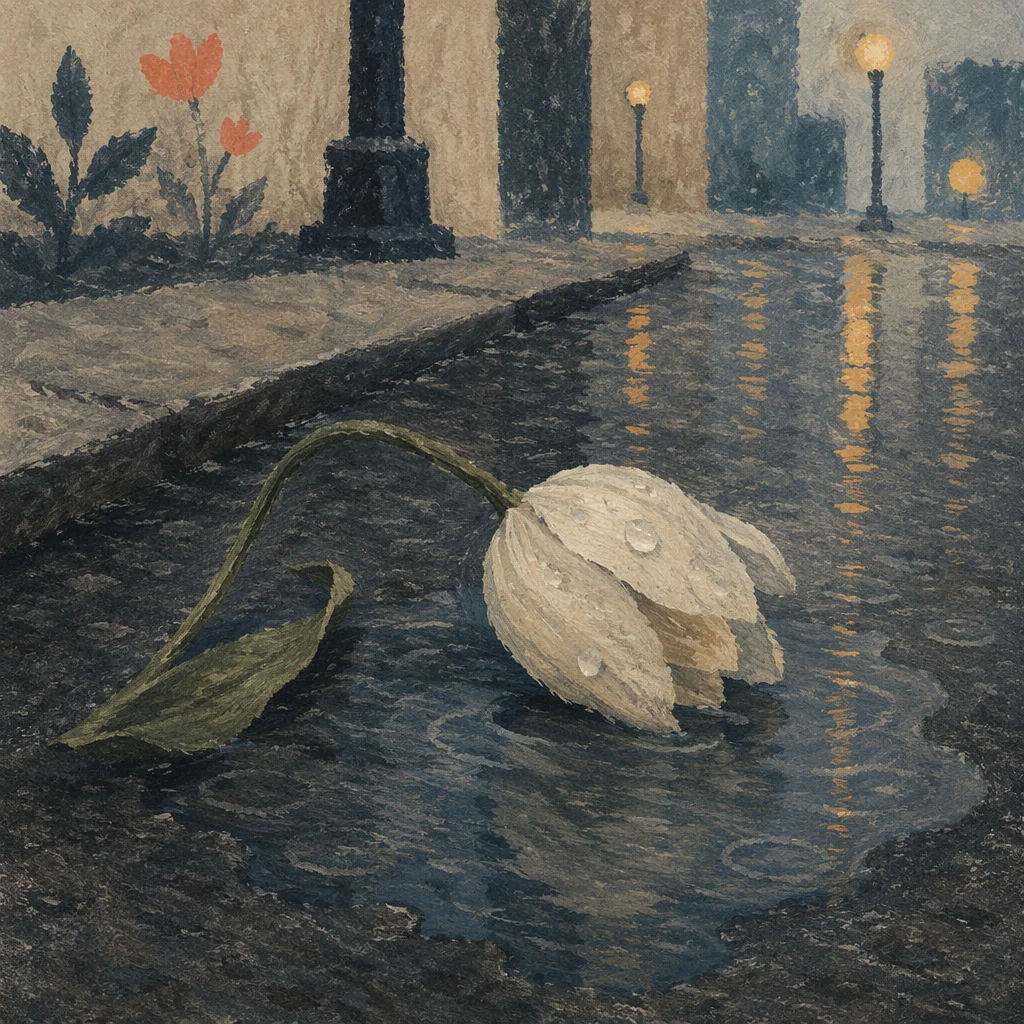 Wilting White Tulip in Rainy Grief
