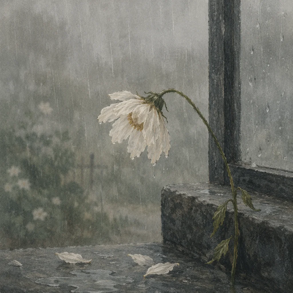 Wilting White Flower in Rainy Silence