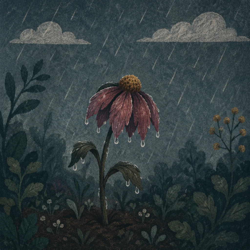Wilting Flower in Rainy Garden Solitude