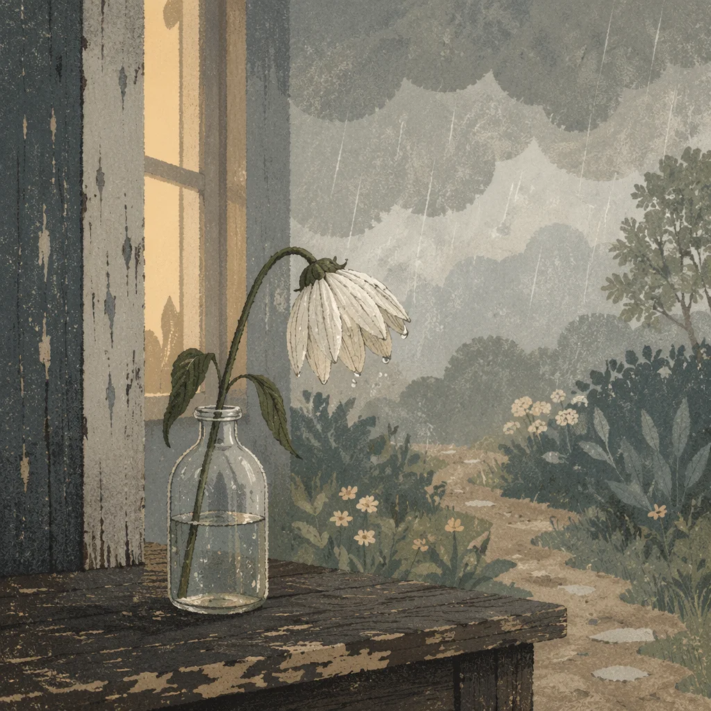 Wilting White Flower on Rainy Porch