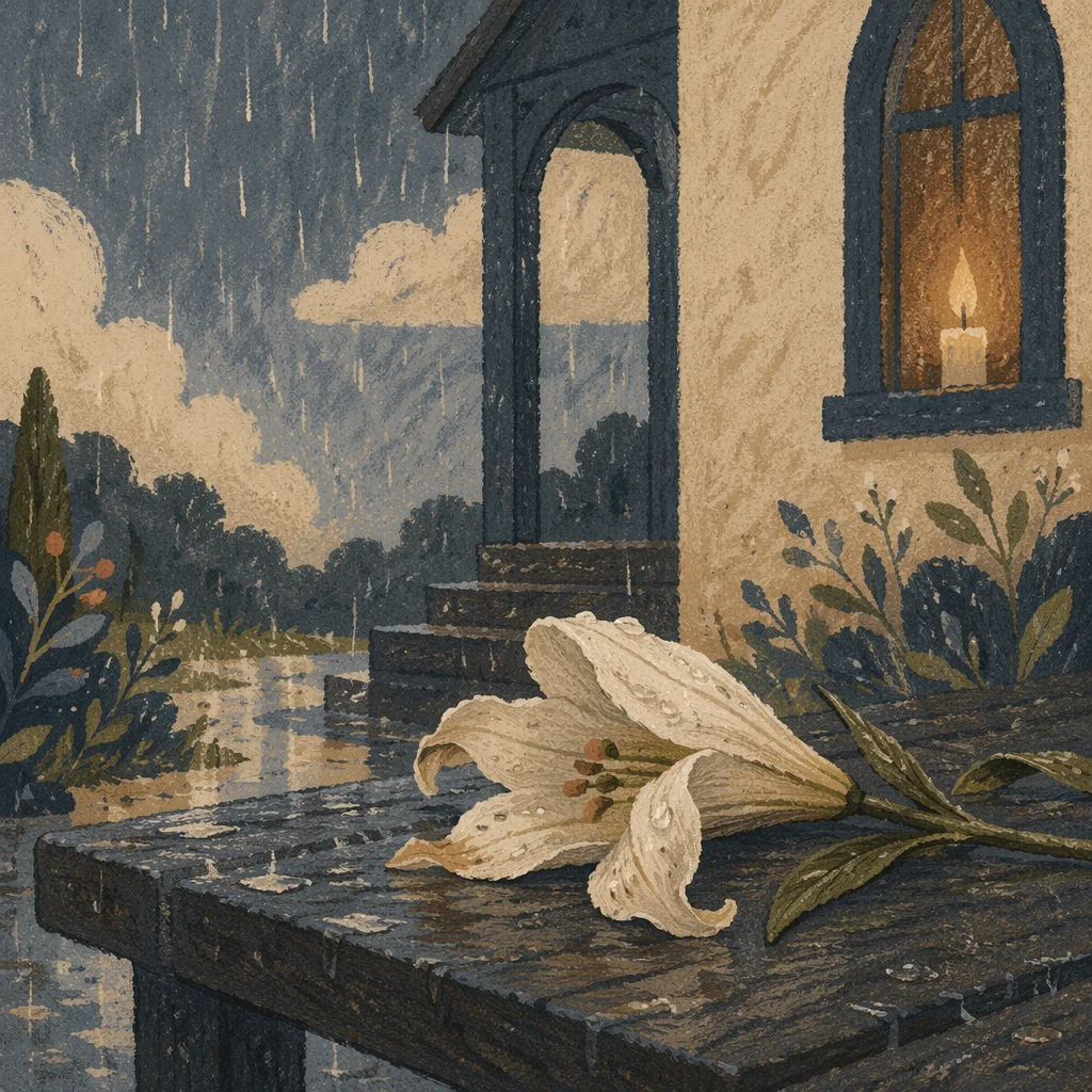 Wilting Lily in Rain by Chapel
