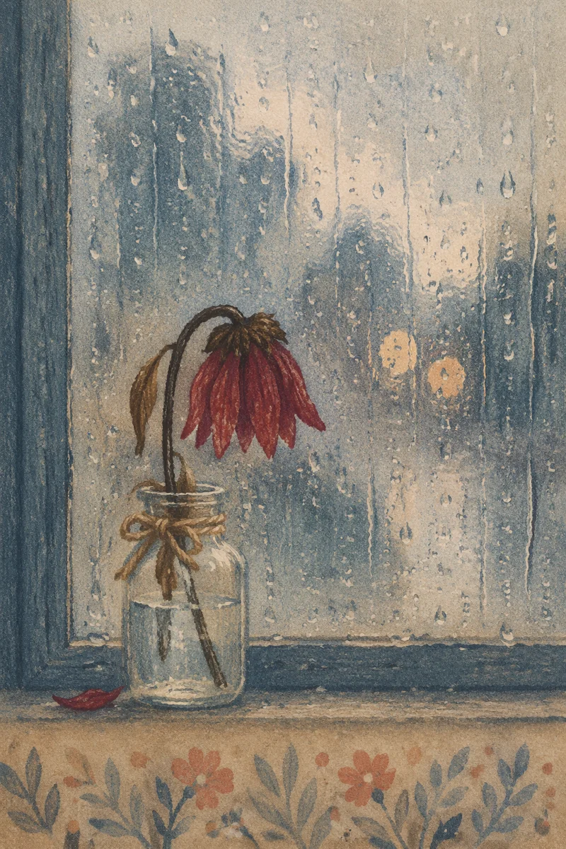 Wilting Red Flower Behind Rainy Glass