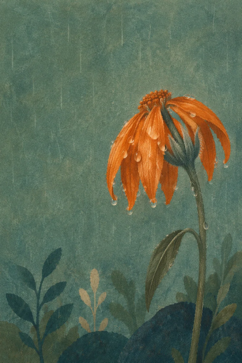 Wilting Orange Flower in Gentle Rain