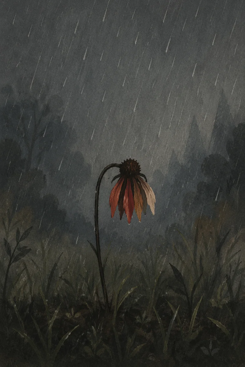 Lonely Wilting Wildflower in Rain