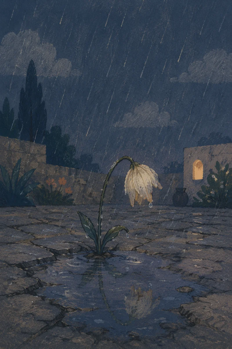 Wilting Flower in Rain After Dusk