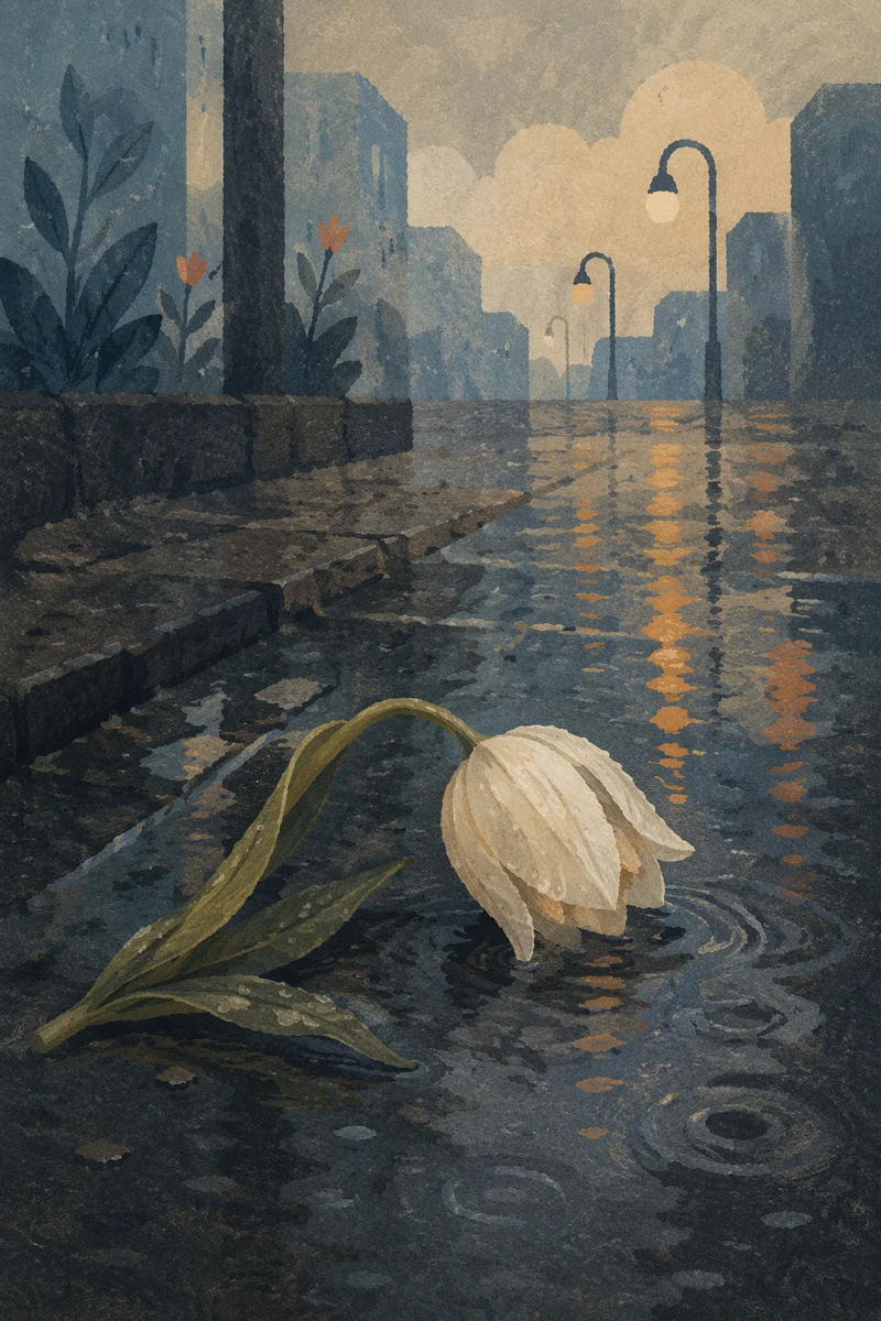 Wilting White Tulip in Rainy Grief