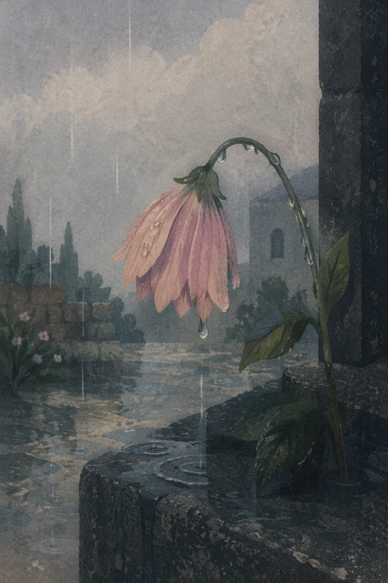 Wilting Pink Flower in Quiet Rain