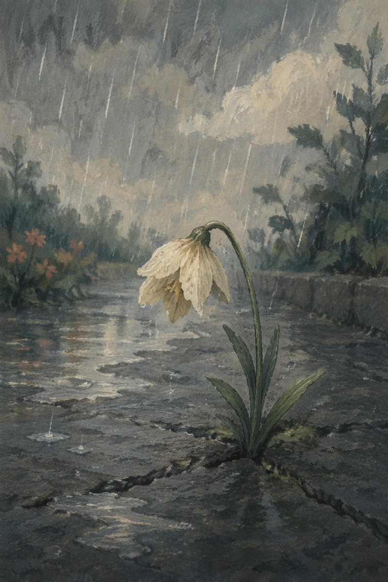 Wilting Flower in Rainful Solitude