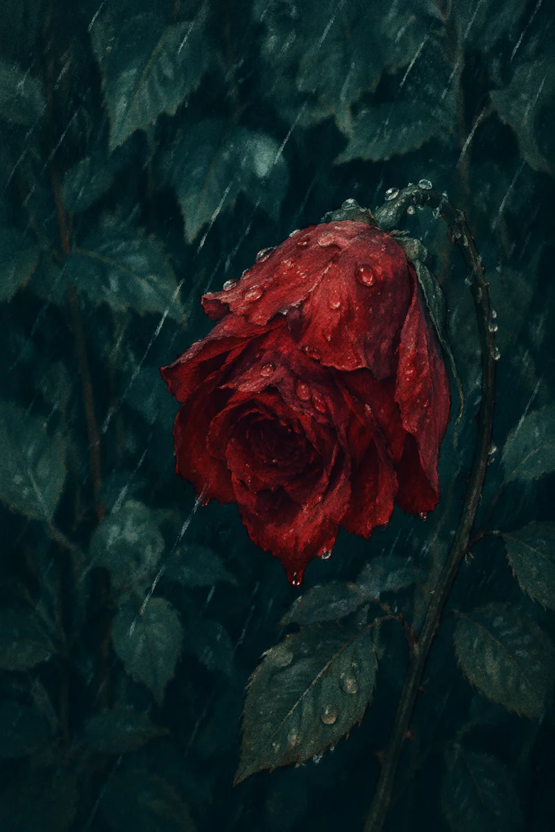 Wilting Red Rose in Gentle Rain