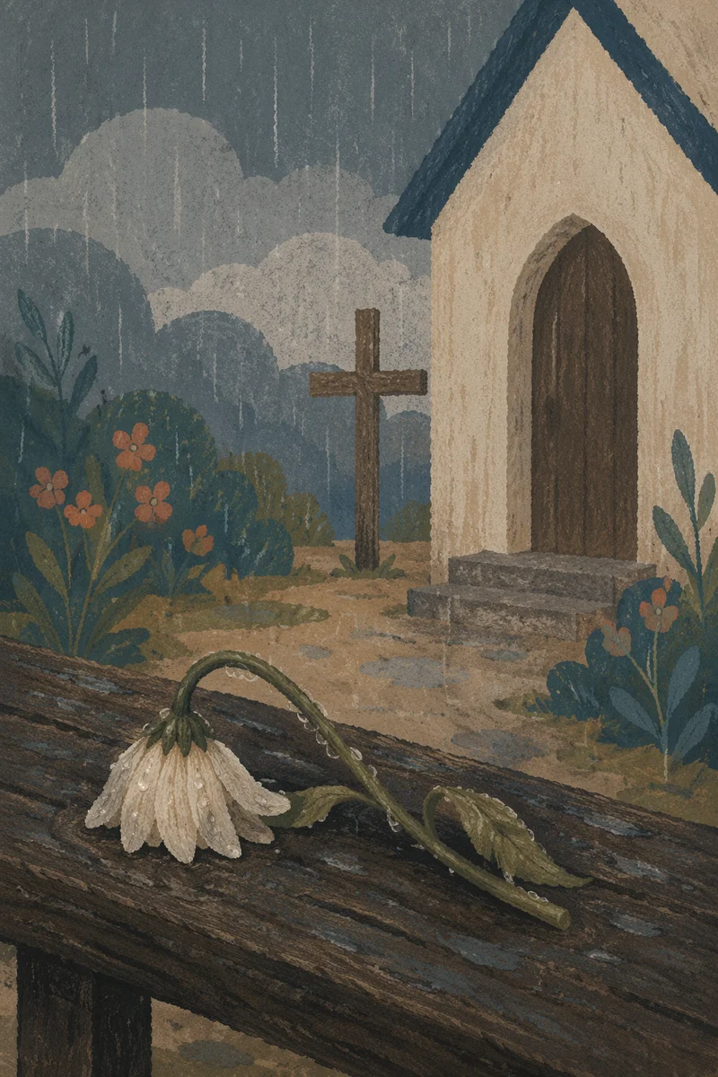Wilting White Flower in Chapel Rain