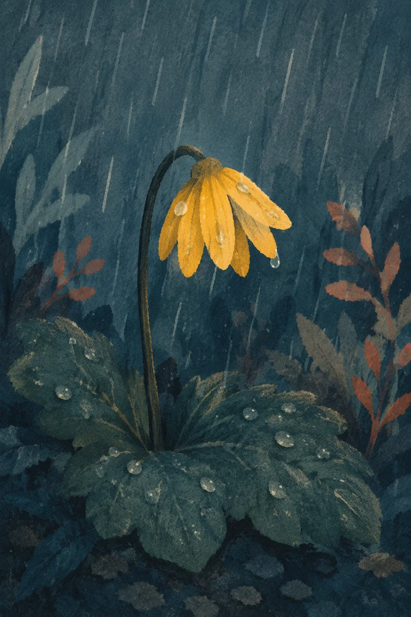 Wilting Yellow Flower in Gentle Rain