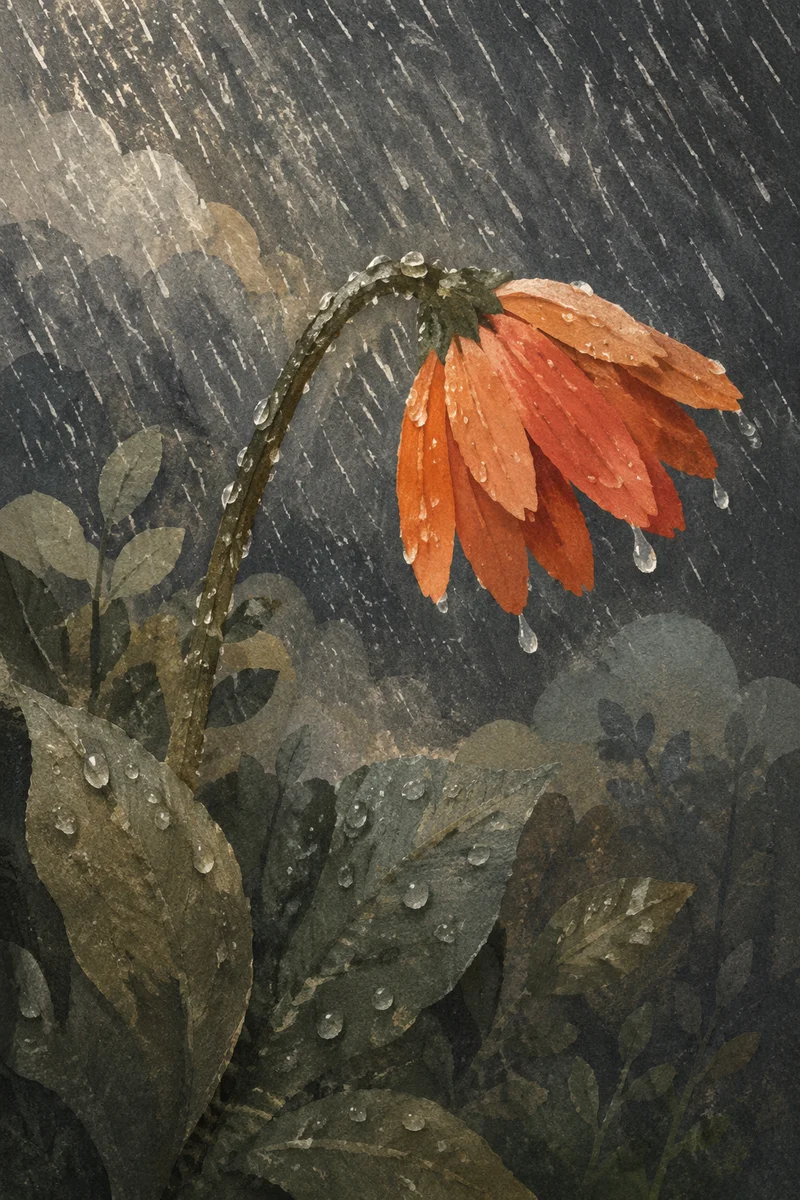 Wilting Orange Wildflower in Heavy Rain