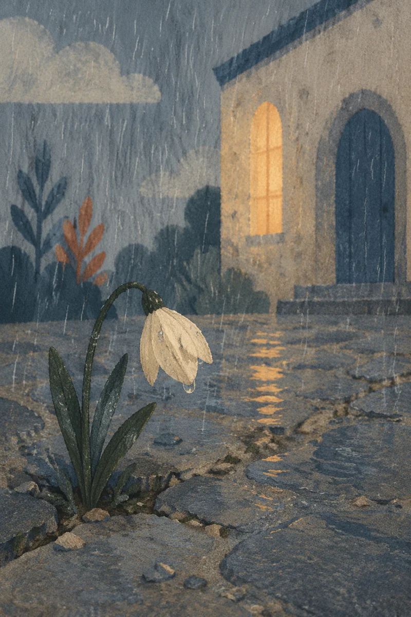 Wilting White Flower in Gentle Rain