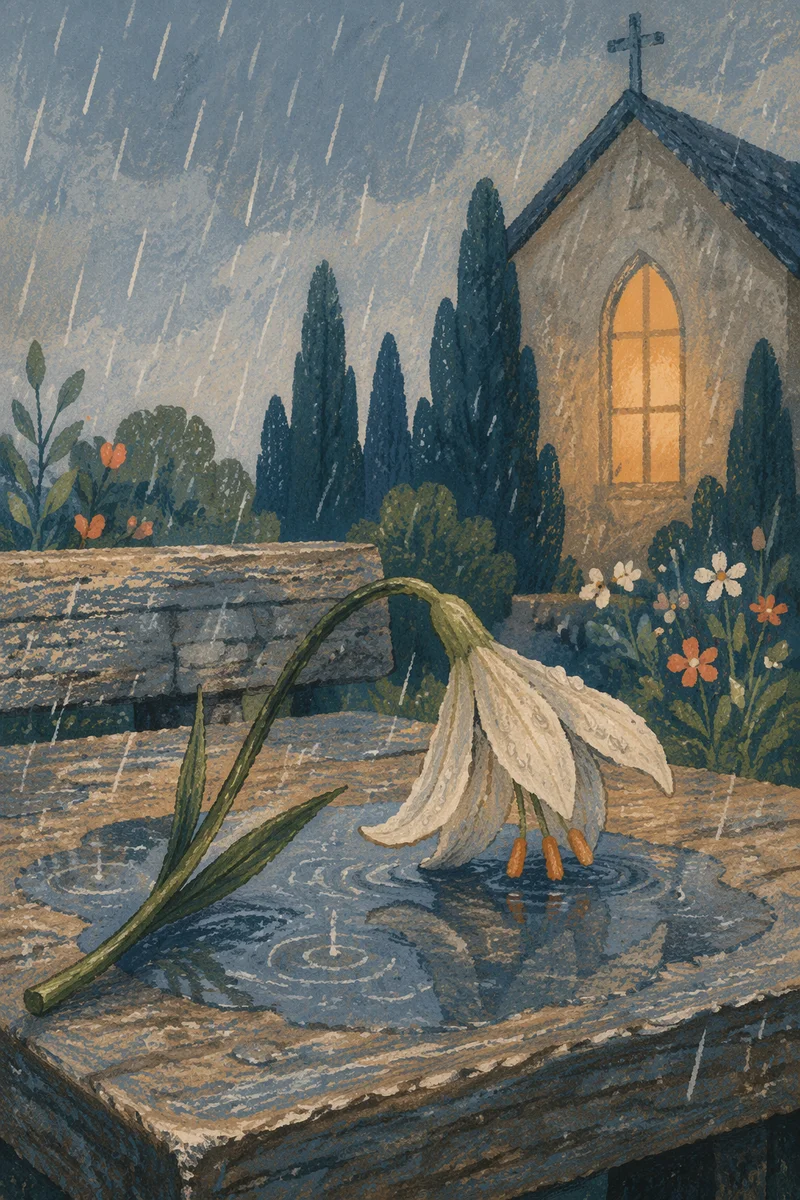Wilting Lily in Rain by Chapel Garden