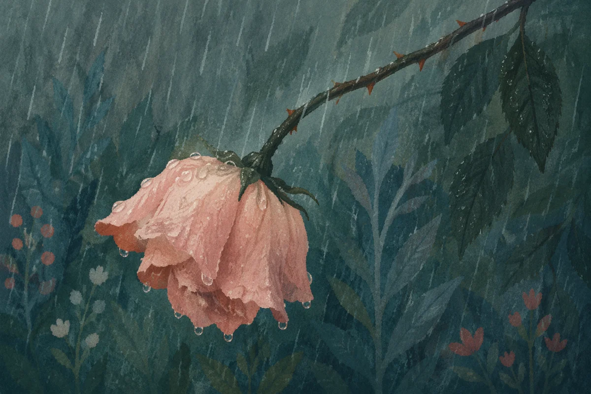 Wilting Pink Flower in Gentle Rain