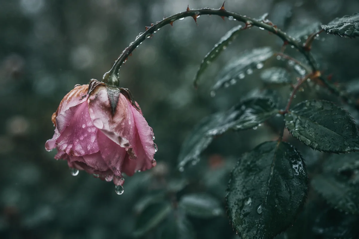 Wilting Pink Rose in Mourning Rain