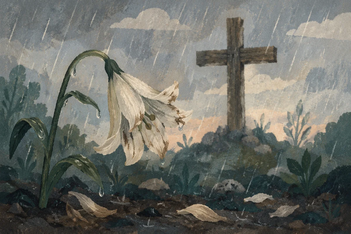 Wilting Lily in Rain Beside Cross