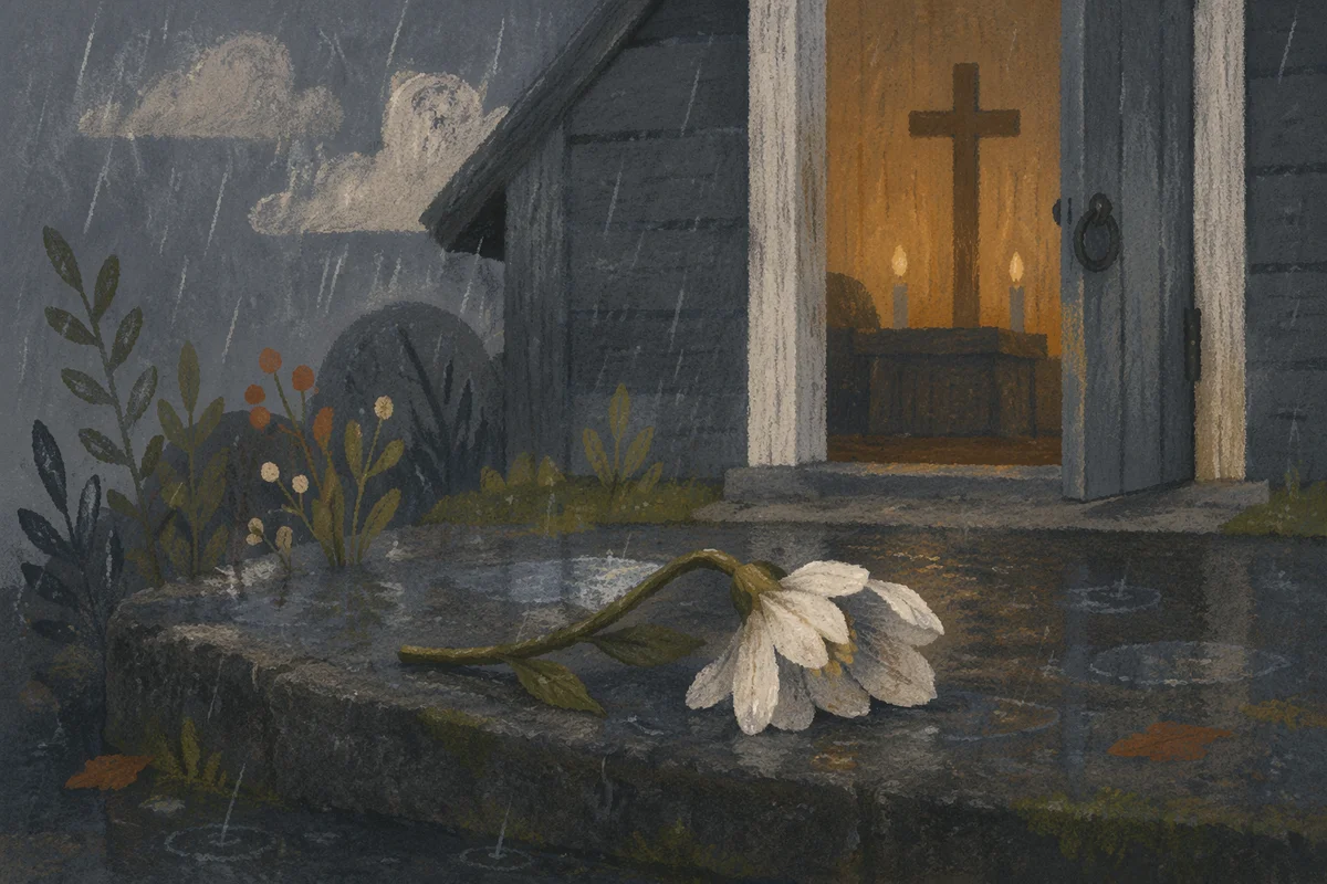 Wilting White Flower in Chapel Rain