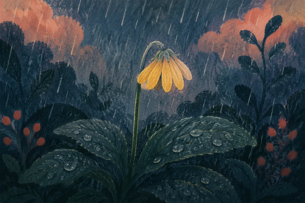 Wilting Yellow Flower in Gentle Rain