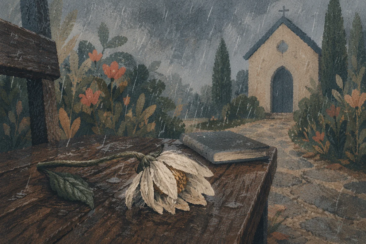 Wilting White Flower in Chapel Rain