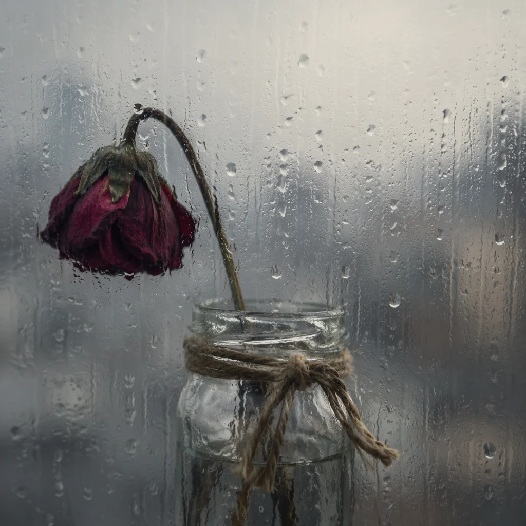 Wilting Red Flower Behind Rainy Glass