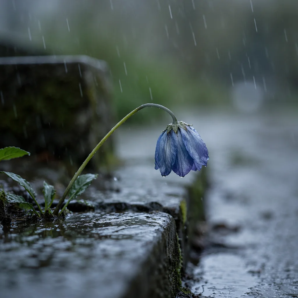 Wilting Blue Flower in Mourning Rain