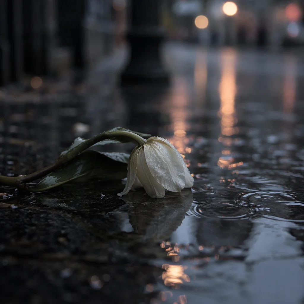 Wilting White Tulip on Rainy Pavement