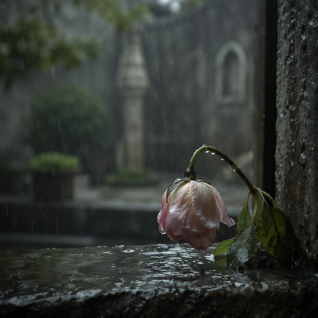Wilting Flower in Rainful Solitude
