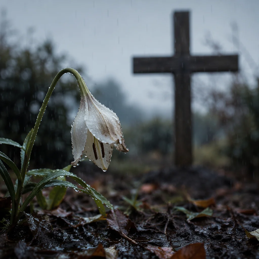 Wilting White Lily in Rain by Cross