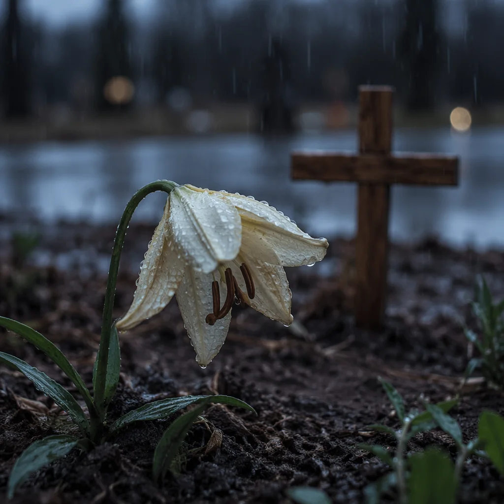Wilting Lily in Rain Beside Cross
