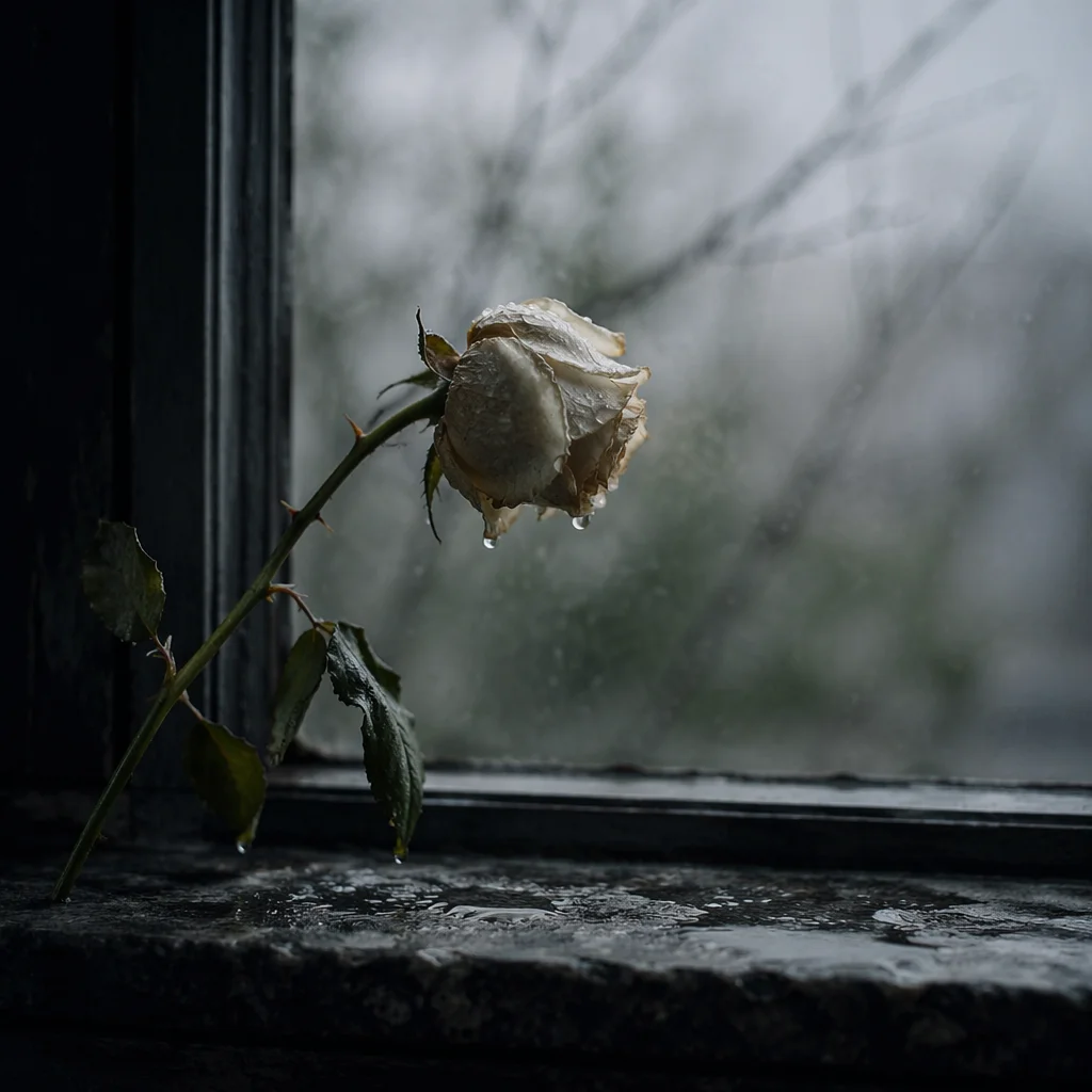Wilting Pale Rose in Cold Rain