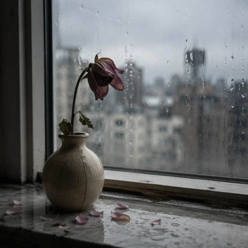 Wilting Flower on Rainy Windowsill