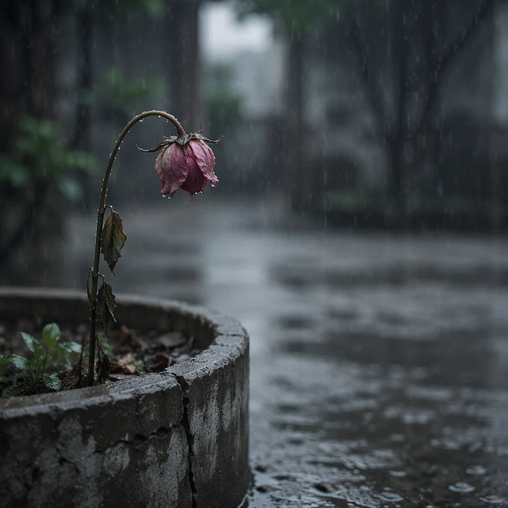 Single Wilting Flower in Rain