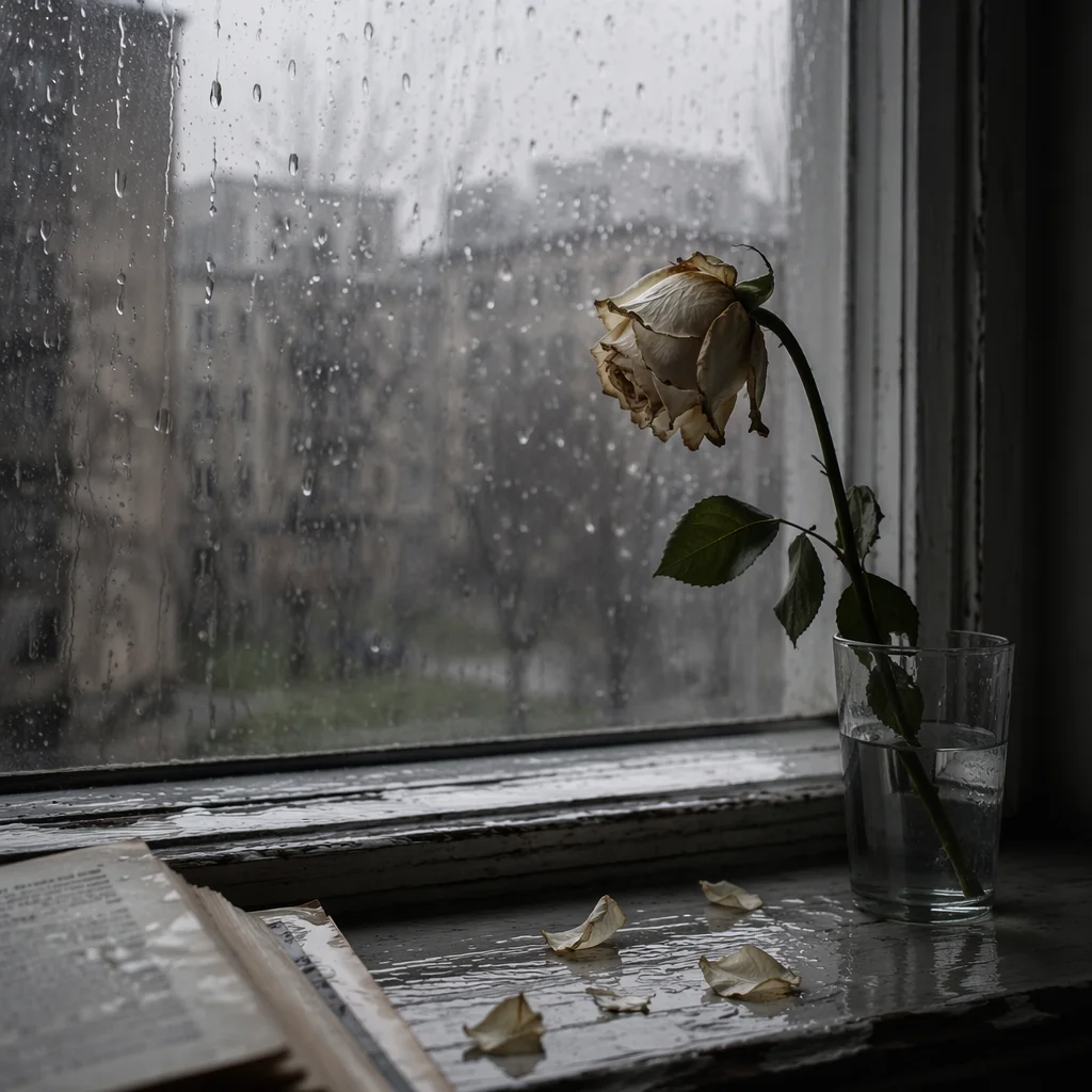 Wilting Rose on Rainy Windowsill