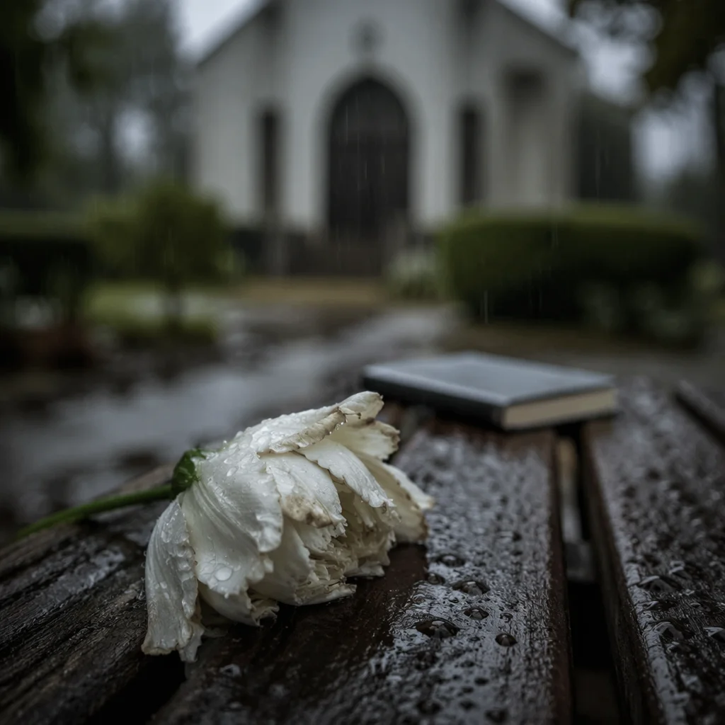 Wilting White Flower in Chapel Rain